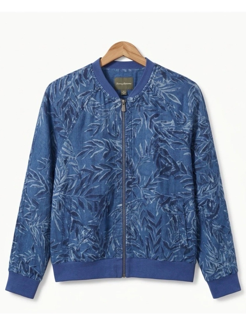 Tommy Bahama Two Palms Linen Jacket Womens L Blue Tropical Print Zip Up Bomber